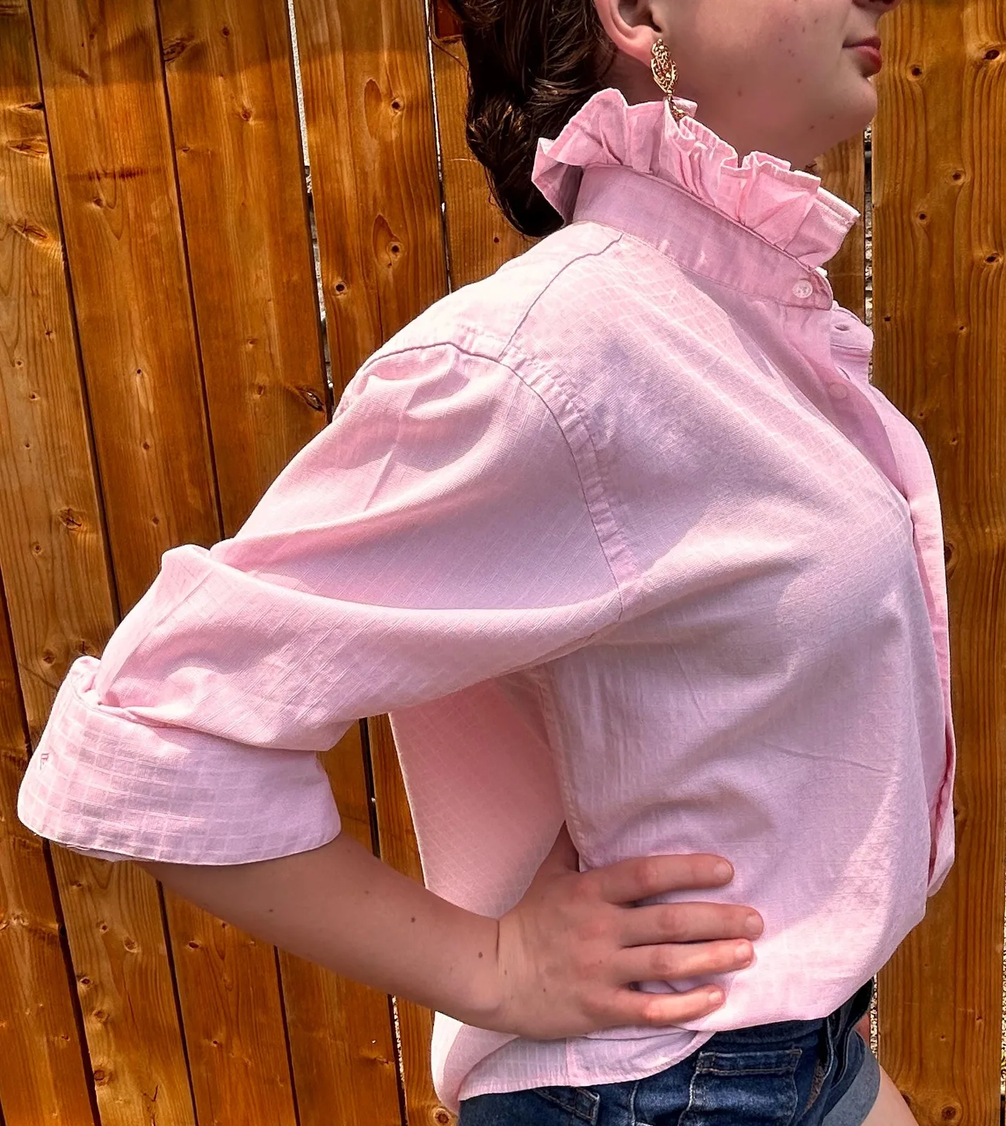 Pale pink oversized shirt with a tall handmade ruffle collar